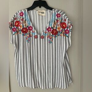 Savanna Jane White Striped Tunic with Bright Floral Embroidery
